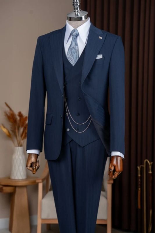 Navy Blue Pinstripe Three Piece Suit Men Custom Tailored Business Wedding Formal Vest Blazer Pants Set