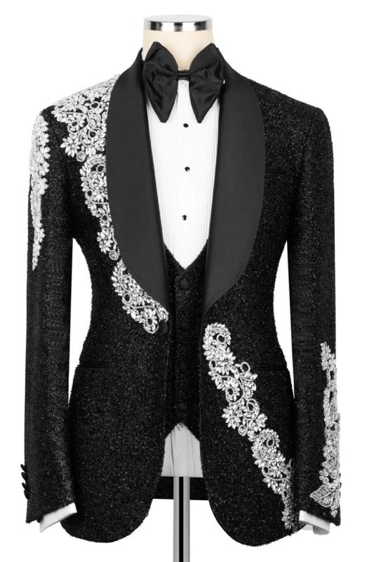 Black Glitter Three Piece Tuxedo with Silver Crystal Embroidery | Bradymensuit