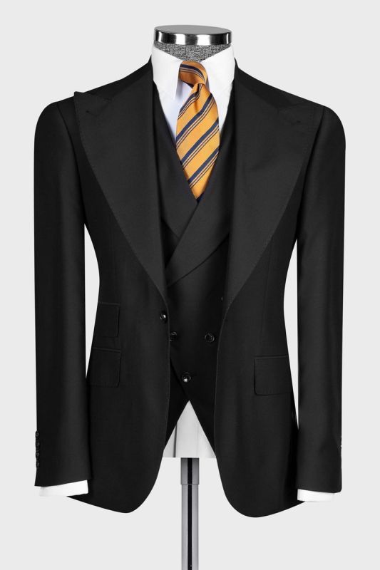 Elegant Black Slim Fit Men's Three Piece Wedding Suit with Wide Pointed Collar