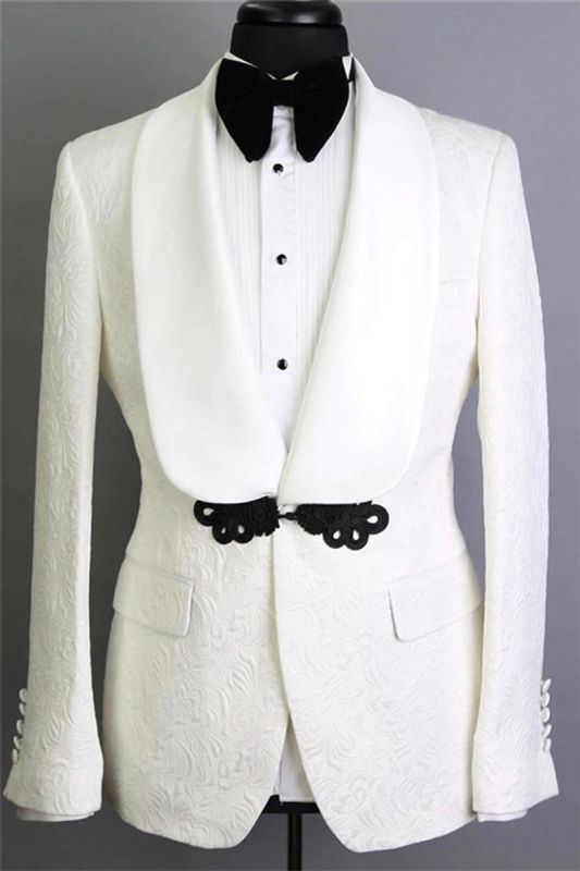 White Shawl Lapel Jacquard Groom Suit |  Elegant Slim Fit Tuxedo for Weddings 2 pcs