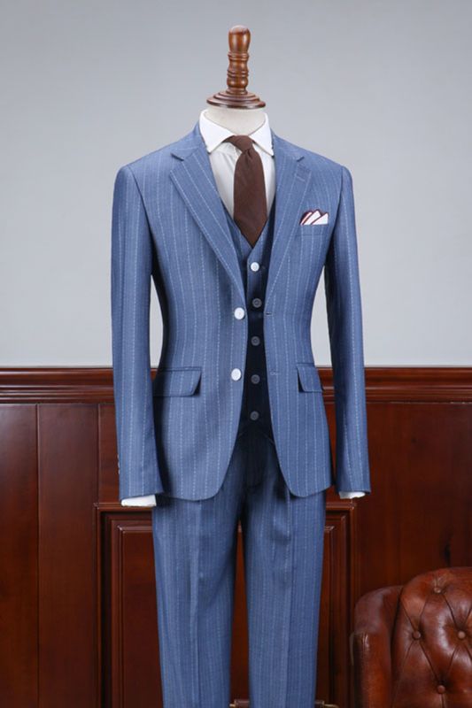 Andrew Stylish Blue Striped 3 Piece Slim Fit Mens Business Suit