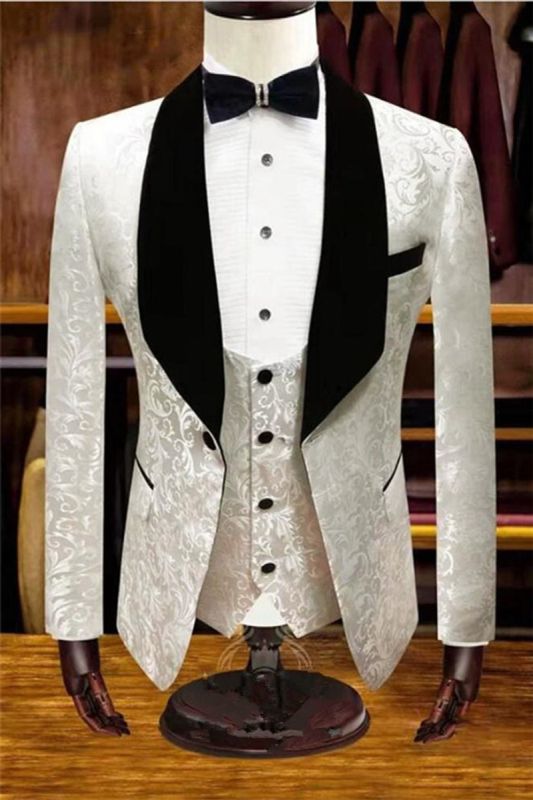 White Jacquard Wedding Tuxedo |  Mens Suit Groom 3 Piece