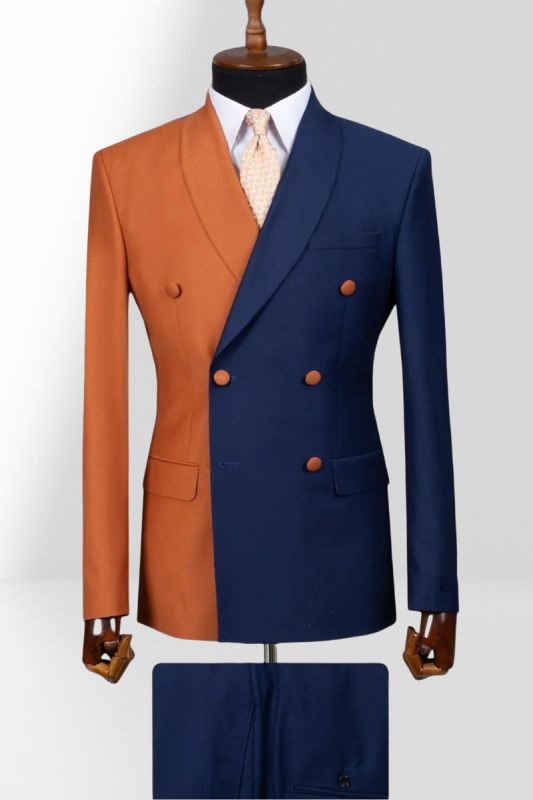 Orange And Navy Blue Double Breasted Shawl Collar Slim Mens Two Piece Suit