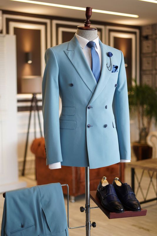 Lambert Sky Blue Pointed Lapel Double Breasted Custom Prom Mens Suit