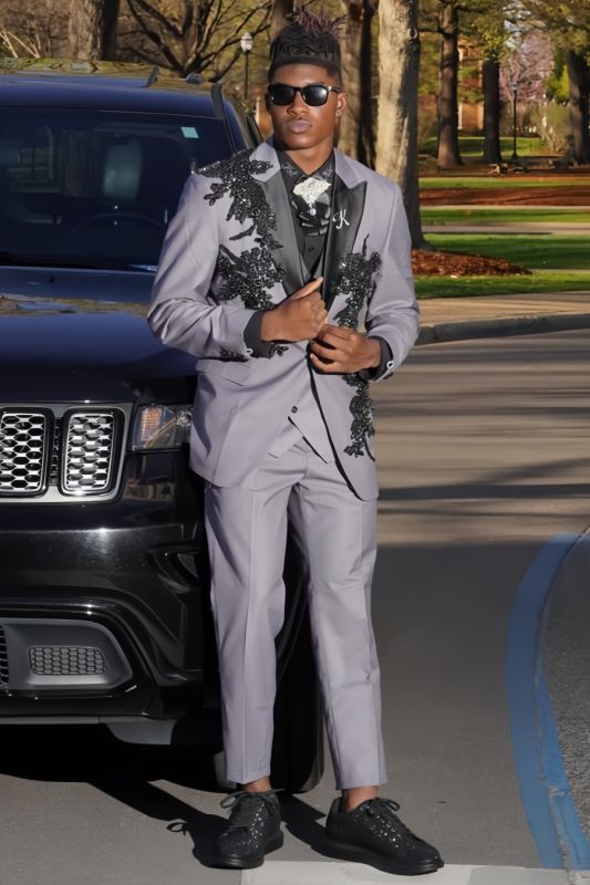 Stank Gray Peaked Lapel Beaded 3-Piece Prom Suit | Bradymensuit