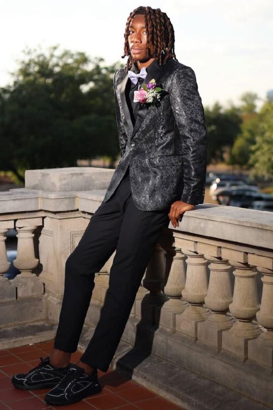 Hiram Black Jacquard Satin Lapel One-Button Prom Suit | Bradymensuit