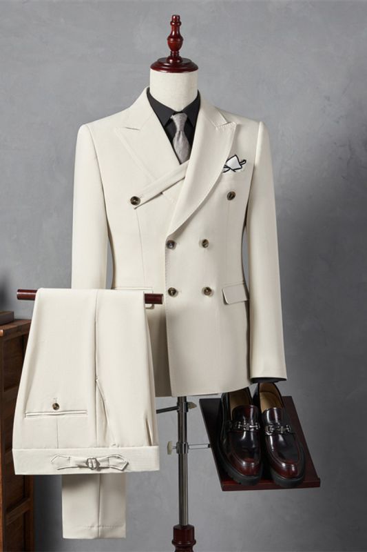 Italian Style Off White Lapel Collar Men Slim Suit | Wedding Business Suit Adjustable Chest Buckle