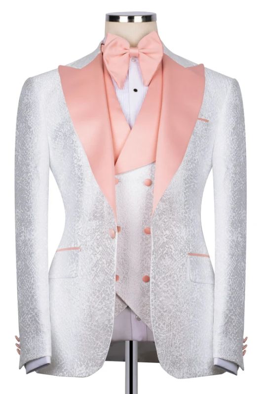 Exquisite White Jacquard Three Piece Prom Suit With Pink Pointed Collar Satin Lapel