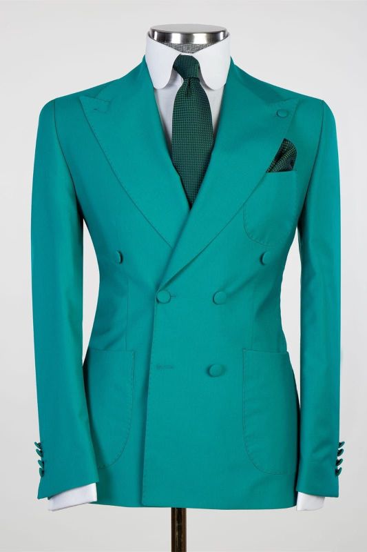 Chic Green Fitted Two-Piece Double Breasted Point Neck Prom Suit