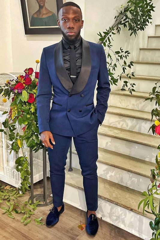 Simple Dark Navy Shawl Lapel Double Breasted Two Prom Suits