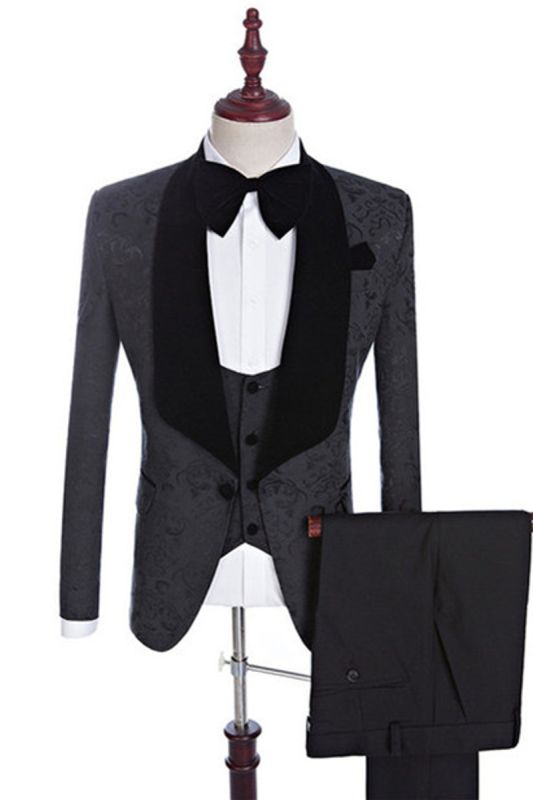 Xander Men Black Jacquard Three Piece Shawl Lapel Wedding Suit