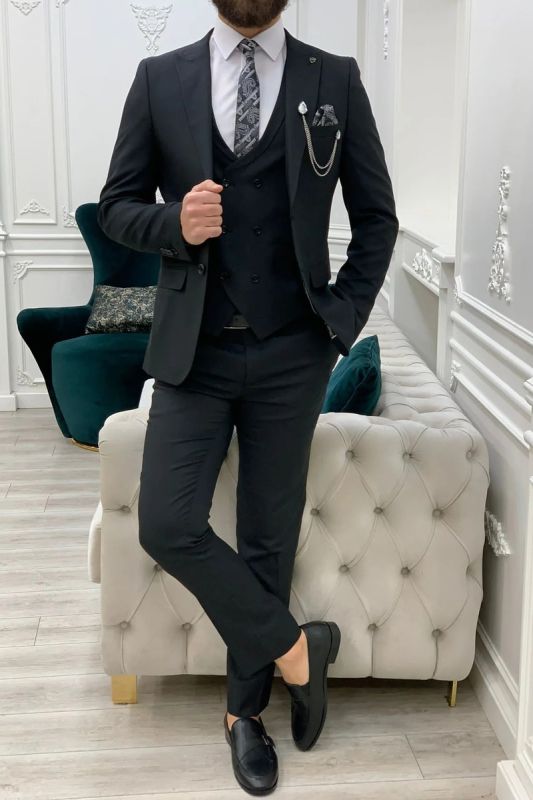Brady Black Mens Peak Collar Three Piece Slim Fit Wedding Suit