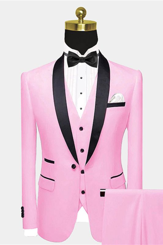 Slim Fit Chic Candy Pink Black Satin Shawl Lapel Prom Suit for Men