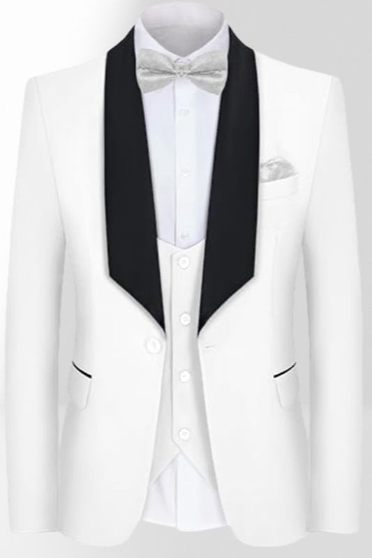 White Slim Black Shawl Collar Single Breasted Men's Three Piece Wedding Tuxedo