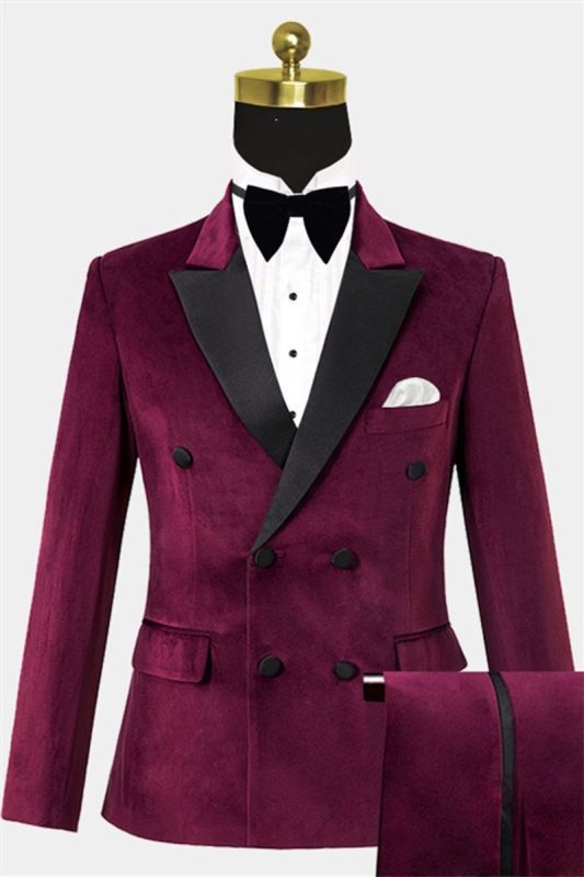 Men Burgundy Velvet Prom Suit |  Notched Lapel Men Suit