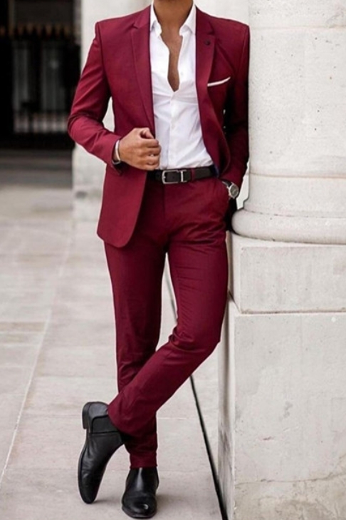 Brent Burgundy Notched Lapel Slim Fit Mens Prom Suit