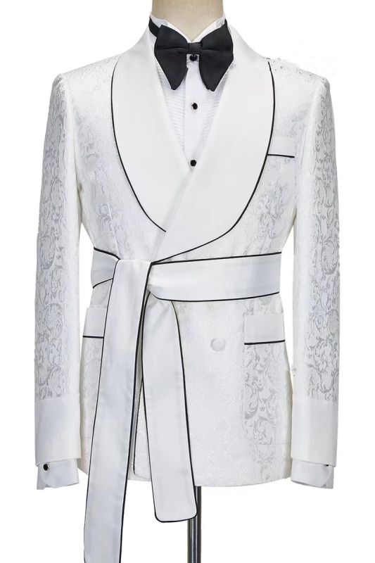 Elegant White Men Robe Set Shawl Collar Two Piece | Belted Banquet Suit