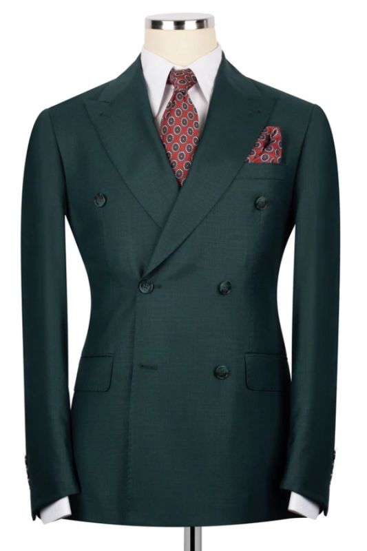 Brady Handsome Dark Green Wool Peaked Lapel Double Breasted Business Suits