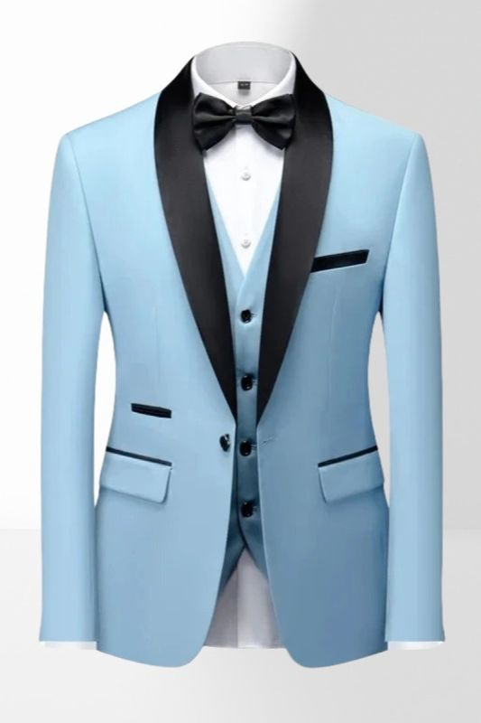 Brownie Light Blue Slim Fit Shawl Collar Mens Three Piece Tuxedo Suit