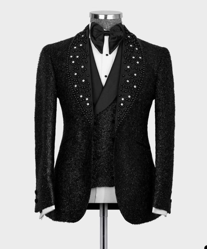 Popular Black 3 Pieces Groomsmen Tuxedos with Sparkly Shawl Lapel main image 1