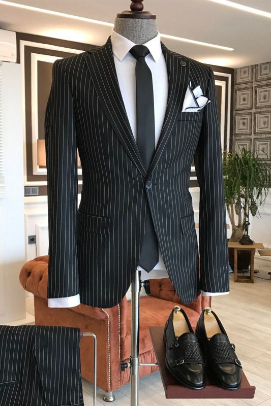 Reg Regular Black Striped Serrated Lapel Men Suit Jacket