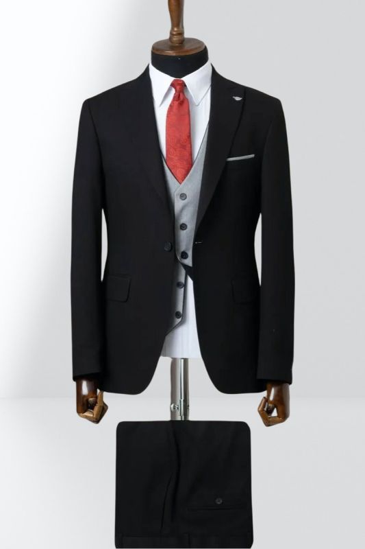 Black Single Breasted Groom Three Piece Wedding Suit With Grey Vest