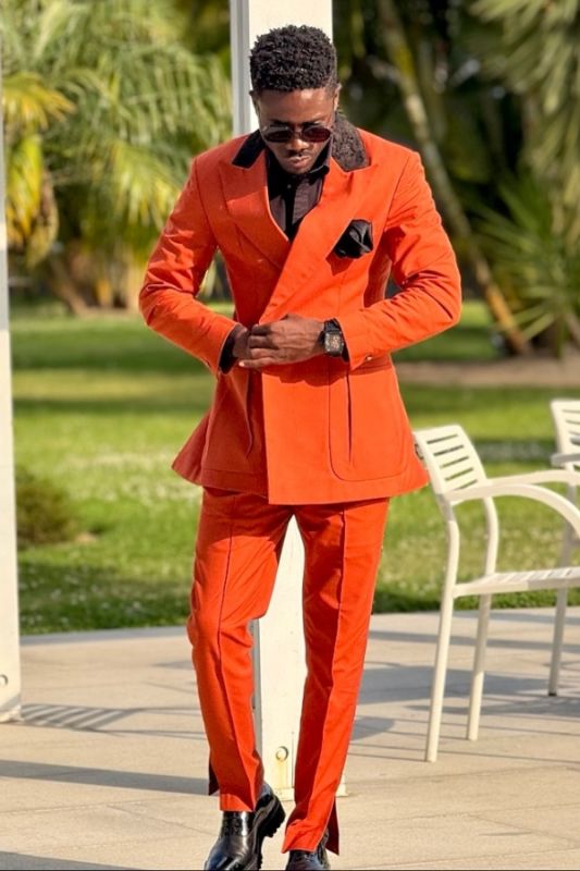 Chapman Chic Orange Peaked Lapel Two Piece Prom Suits With Accordion Pocket