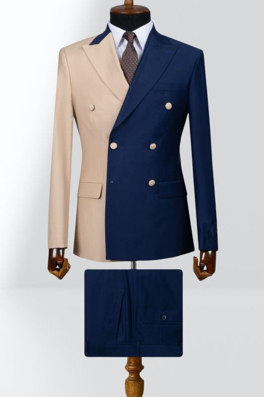Champagne And Navy Blue Double Breasted Peak Collar Slim Mens Two Piece Suit