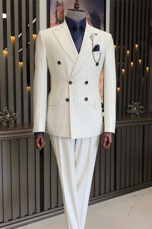 White Peak Lapel Double Breasted Striped Men Prom Two Piece Suits