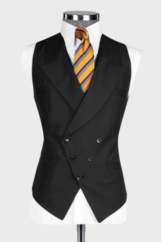 Decent Black Notched Lapel Double Breasted Vest