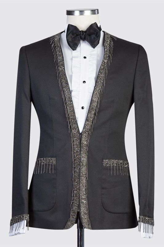 designs black tailored men suits with special shiny lapels