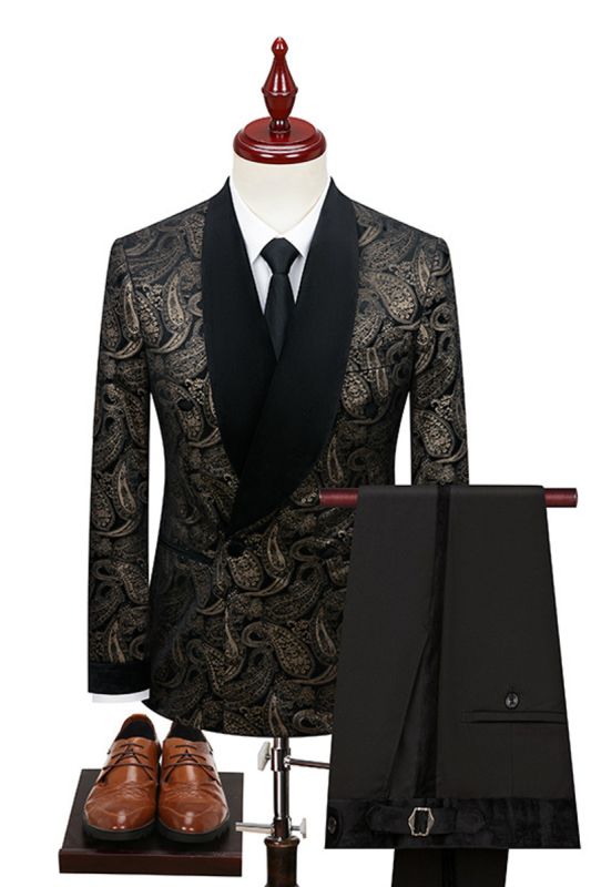 Brown Men Jacquard Shawl Collar Velvet Two Piece Suit | Banquet Prom Suits