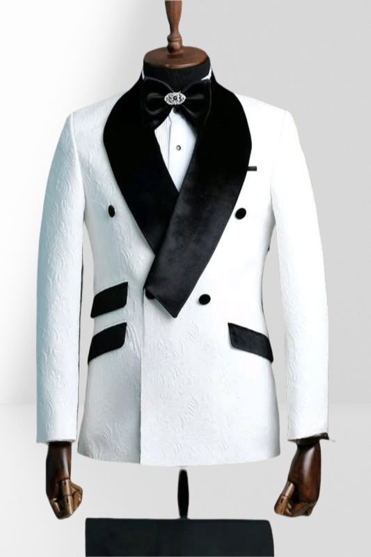 White Jacquard Men Two Piece Groom Suit | With Black Velvet Collar
