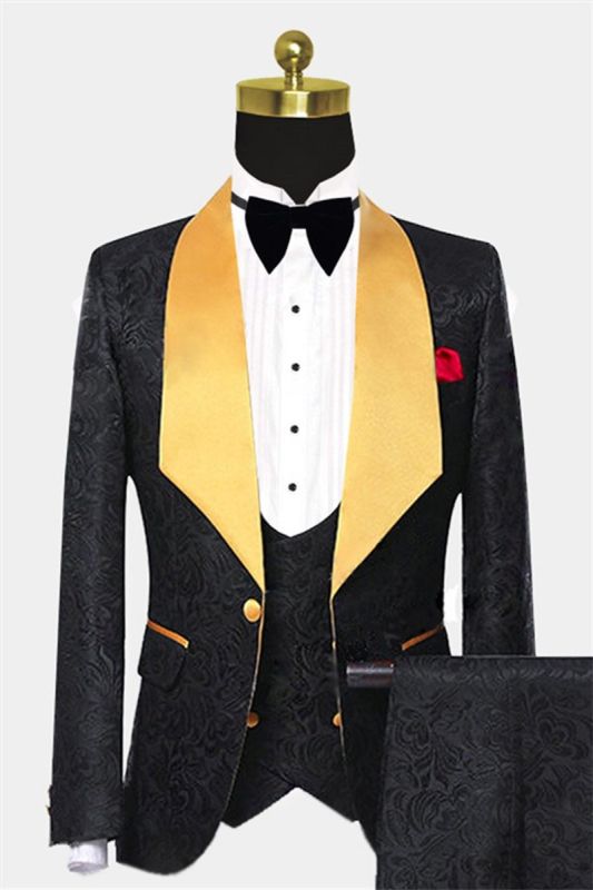 Gold Shawl Lapel Black Jacquard Tuxedo | Three Piece Mens Suit