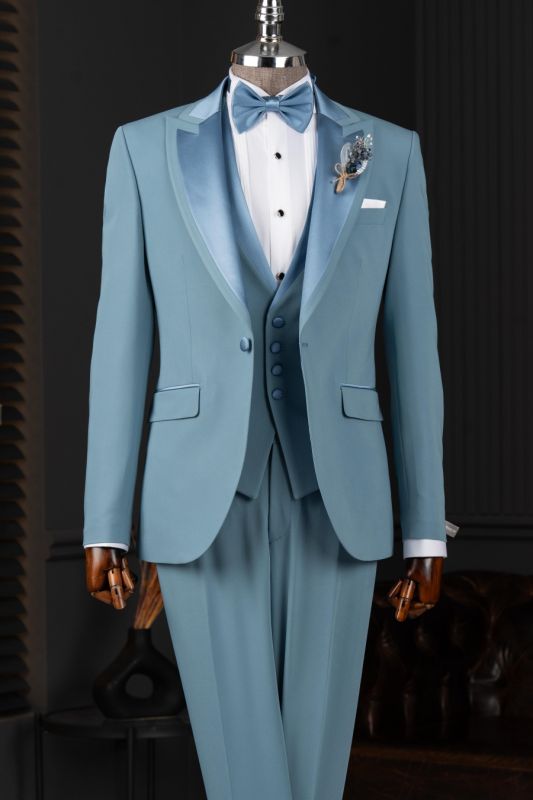 Fashionable Brady Blue Three Piece Mens Banquet Prom Wedding Suit with Satin Lapel