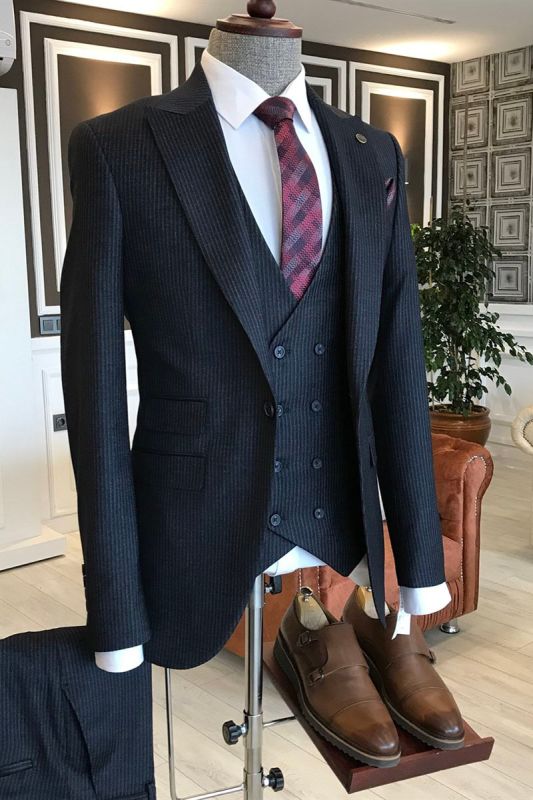 Nathan Classic All Black Velvet Point Lapel Double Breasted Vest Custom Mens Business Suit
