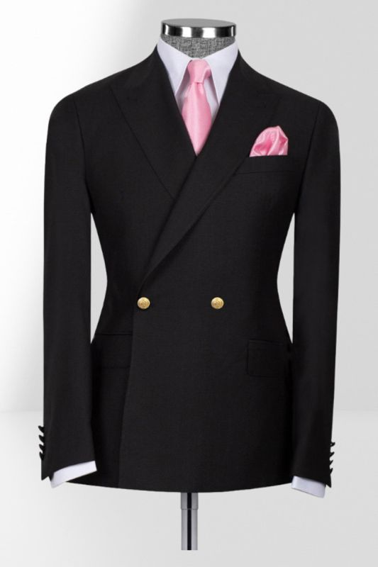Stylish black peak lapel double-breasted slim-fit men's suit | Metal buttons