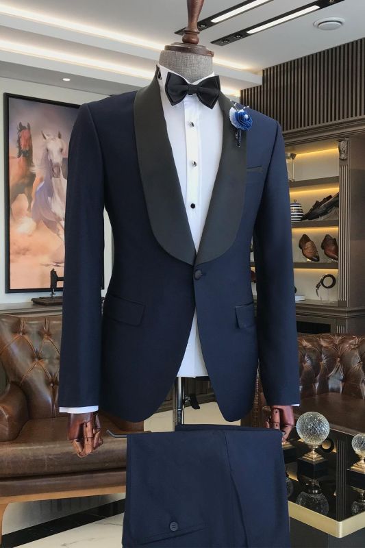 Fashion Navy Blue Shawl Collar Slim Fit Men's Wedding Suit Two Piece Suits
