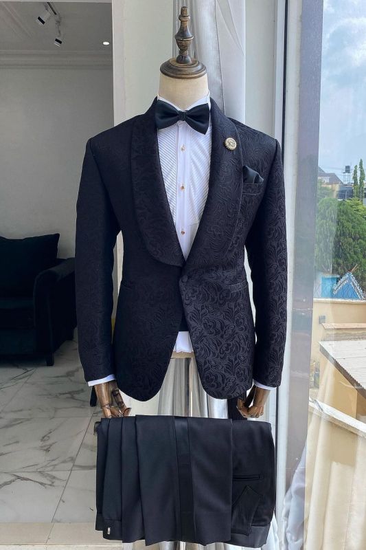 Brady Black Slim Fit Groom Jacquard Two Piece Suit
