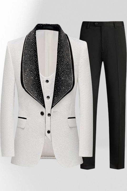 Men's White 3-Piece Jacquard Suit with Rhinestone Shawl Lapel Prom Tuxedo for Weddings & Formal Events