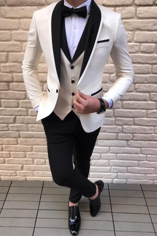 Black and White Shawl Lapel Wedding Suit Tuxedo with Vest