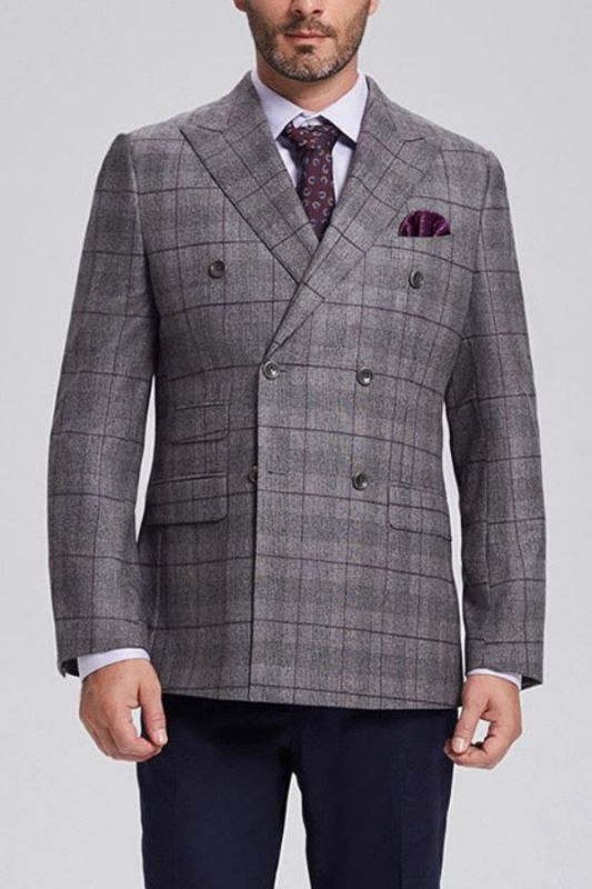 Men Elegant Grey Plaid Double Breasted Blazer With Flap Pockets