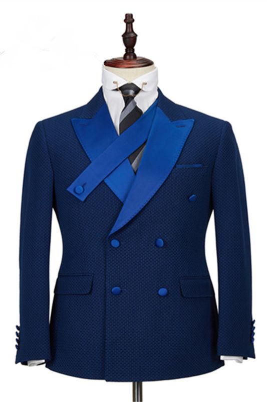 Jonah Navy Check Point Lapel Double Breasted Formal Business Mens Suit