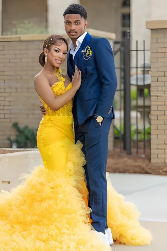 New Stylish Navy Blue Three Piece Prom Suit With Satin Lapels