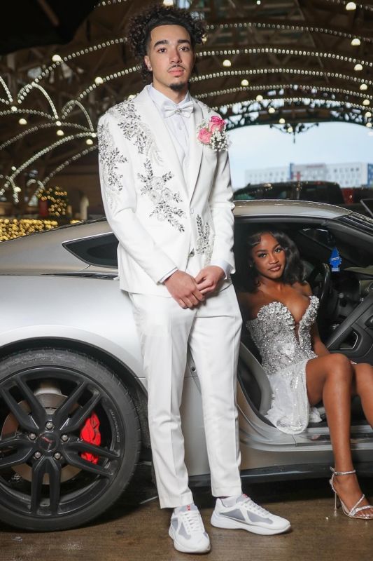 Kelly Bespoke White Peaked Lapel 3-Piece Beaded Prom Suit | Bradymensuit