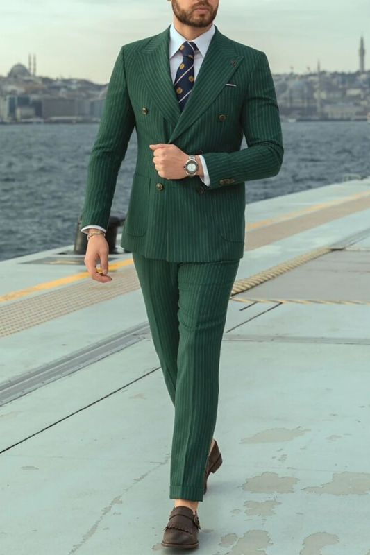 Stylish Rick Hunter Green Striped Peak Collar Double Breasted Men Two Piece Suit
