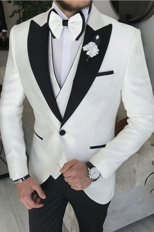 White Lapel Collar Jacquard Men Three Piece Suit Groom Suit