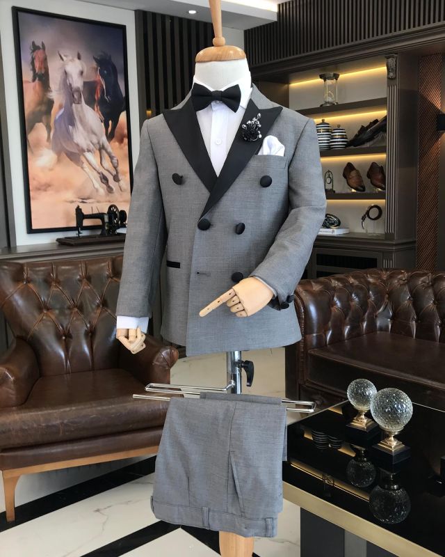 Gray Slim Fitting Double Breasted Tuxedo Suit｜Two Piece Boys Suit