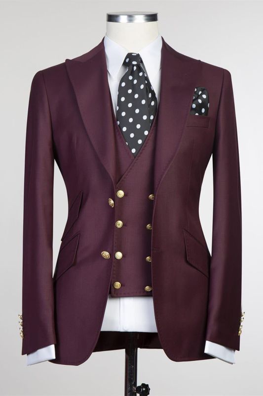 Fashion Burgundy Three Pieces Peaked Lapel Men Suits