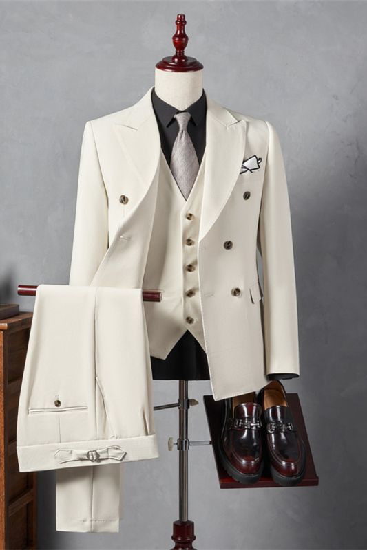 Italian Style Off White/Cream Lapel Collar Men Slim Suit | Wedding Business Suit Adjustable Chest Buckle